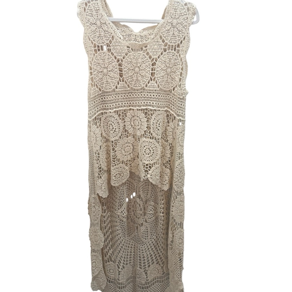 Three Bird Nest Cream Crochet High Low Sweater